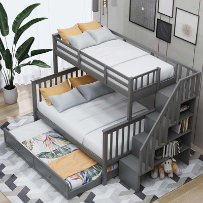 Stairway Twin-Over-Full Bunk Bed with Twin size Trundle, Storage and Guard Rail for Bedroom, Dorm, for Adults, Gray