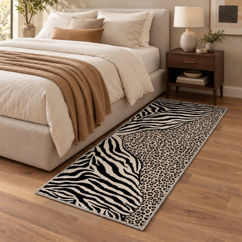 Tapis de couloir antidérapant à motif animal zèbre et léopard, beige et noir, Runner 2' x 7'