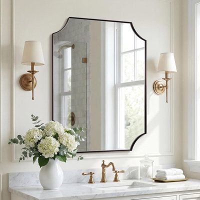 Tariro Contemporary Notched Corner Scalloped Rectangle Bathroom Vanity Mirror | Stainless Steel Frame