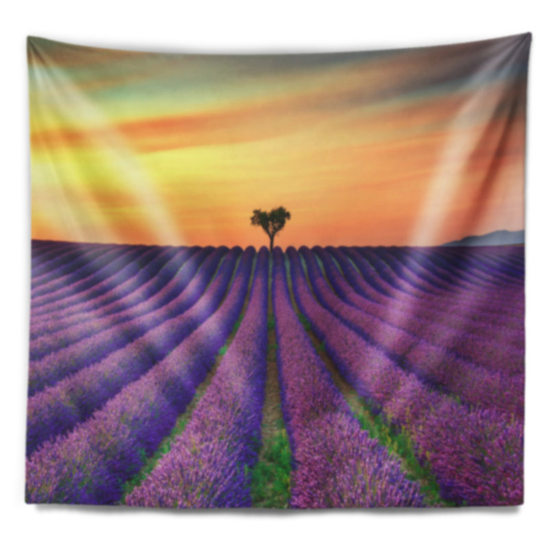 Paysage, lavande, rangées de fleurs en tapisserie de Provence, H 68 po x l 80 po