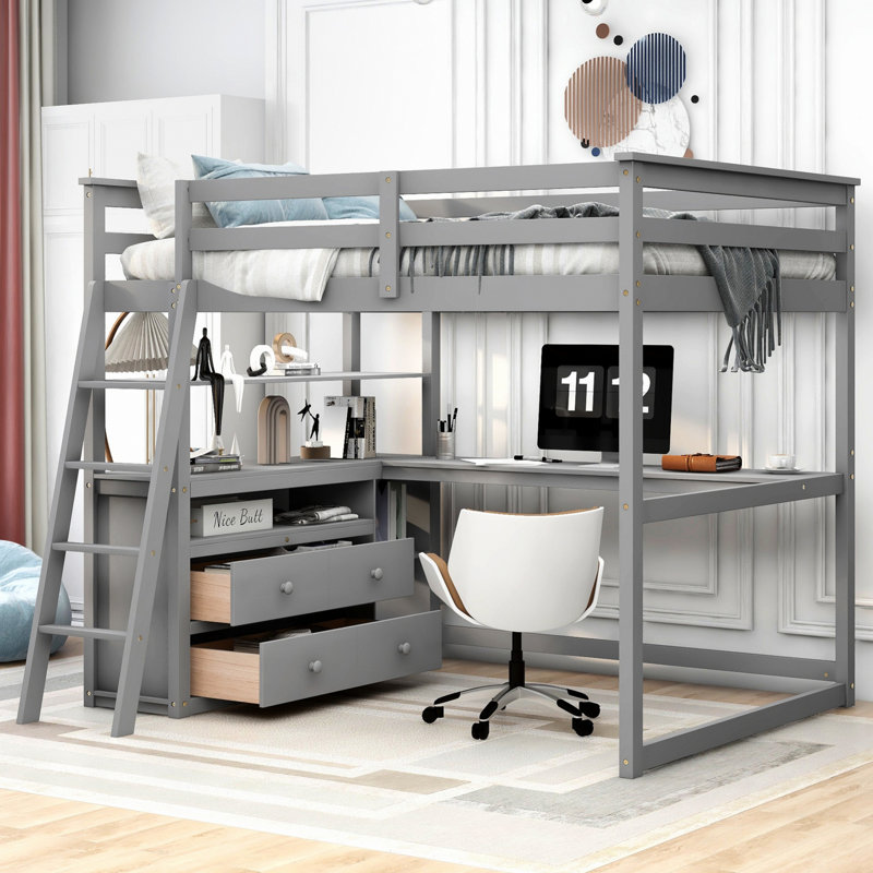 Lit mezzanine avec bureau et tablettes, deux tiroirs intégrés, Gris