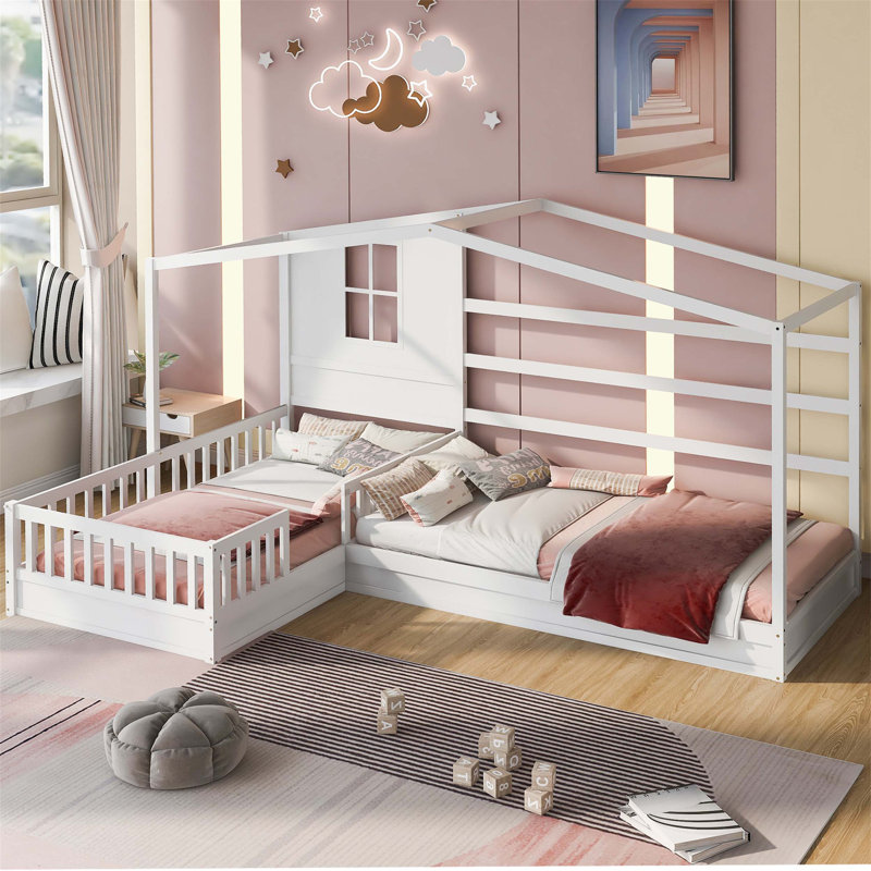 Wooden House Bed Set, Two Twin Solid Bed L Structure with Fence and Slatted Frame for Family Bedroom Decoration, White
