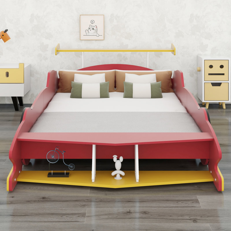 Lit plateforme en forme de voiture de course avec roues, Rouge