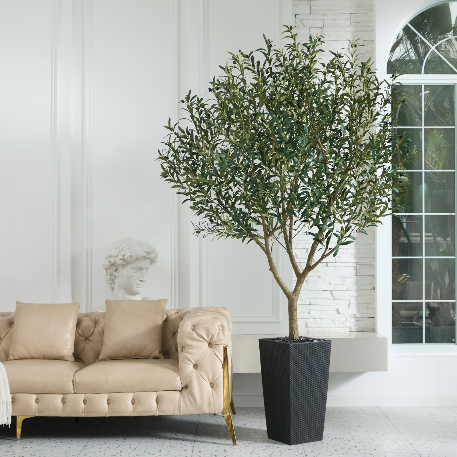 Altera UV Resistant Artificial Olive Tree for Indoor & Outdoor Decor, Large Plastic Base with Pebbles, Black