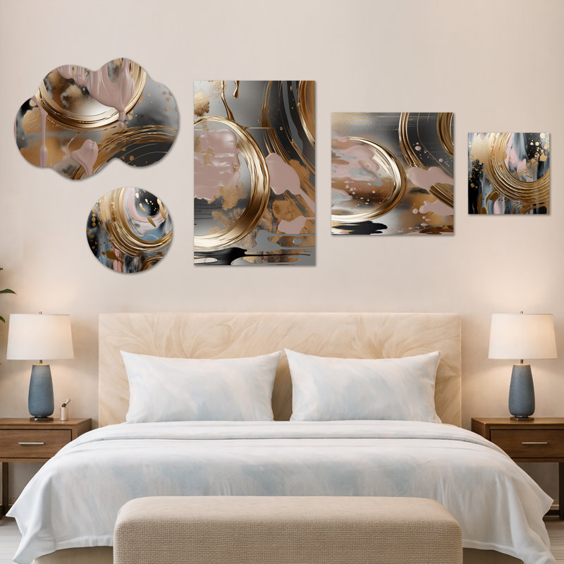 Golden & Pink Infinity Circles I - art mural abstrait grand format, toile encadrée et ensemble de 5 pièces en métal (100 po x 40 po)