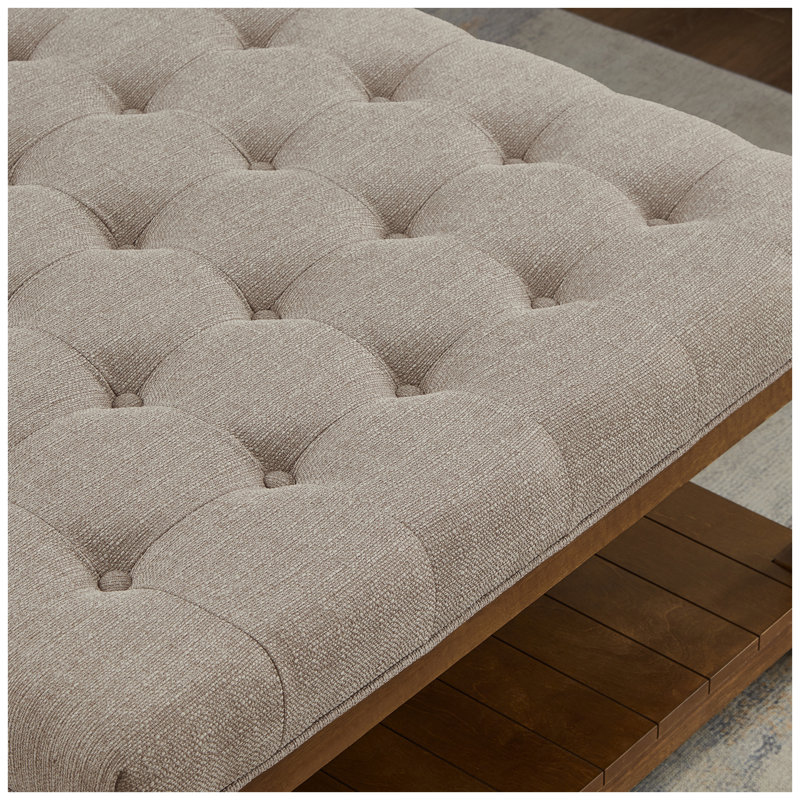Grande table basse avec repose-pieds carré rembourré en lin capitonné avec tablette en bois massif, parfaite pour un usage domestique et commercial