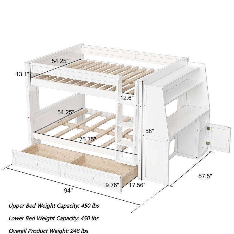 Lit superposé double au dessus d'un lit double avec bureau et rangement, Blanc