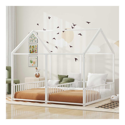 Metal Twin Size House Platform Beds, Two Shared Beds, White