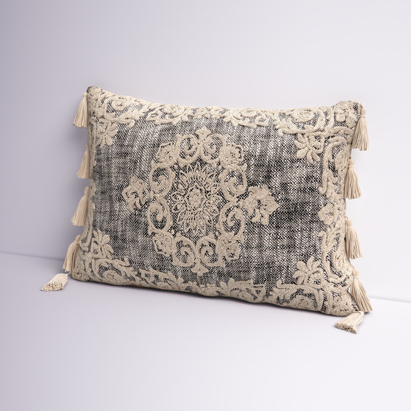 Gray and Beige Embroidered Rectangular Lumbar Pillow