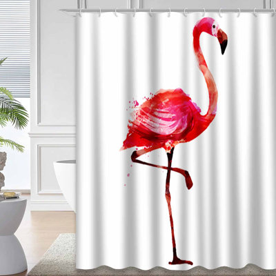 Waterproof Pink Beach Art Flamingo Watercolor Shower Curtain with 12 Hooks