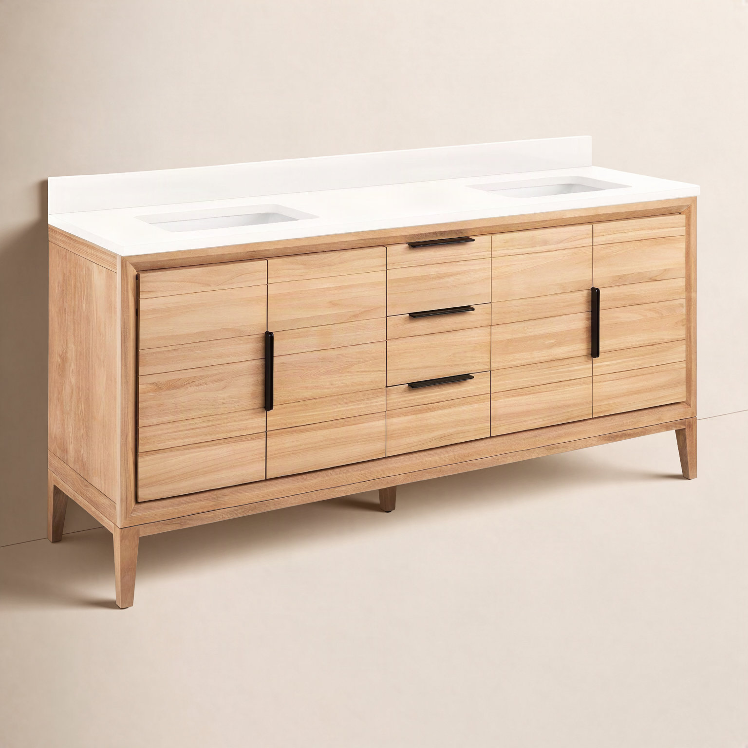 Aliso 72" Carrara Marble Double Bathroom Vanity, Arctic White Quartz / Natural Teak, 34'' H x 72'' W x 22'' D, No Faucet Hole