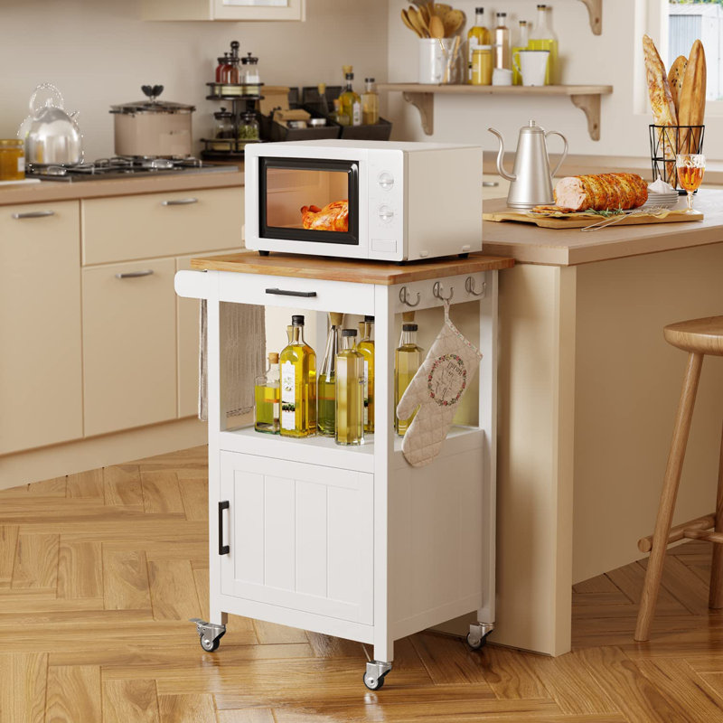 Wood Top Kitchen Island Cart with 1 Drawer and Storage Cabinet, Rolling Kitchen Cart with Open Shelf, Mobile Storage Island with Towel Rack and Locking Wheels