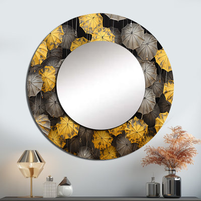 Ciel de parapluies jaunes et gris Tranquility - miroir décoratif ciel, miroir mural rond jaune, impression d'art en métal