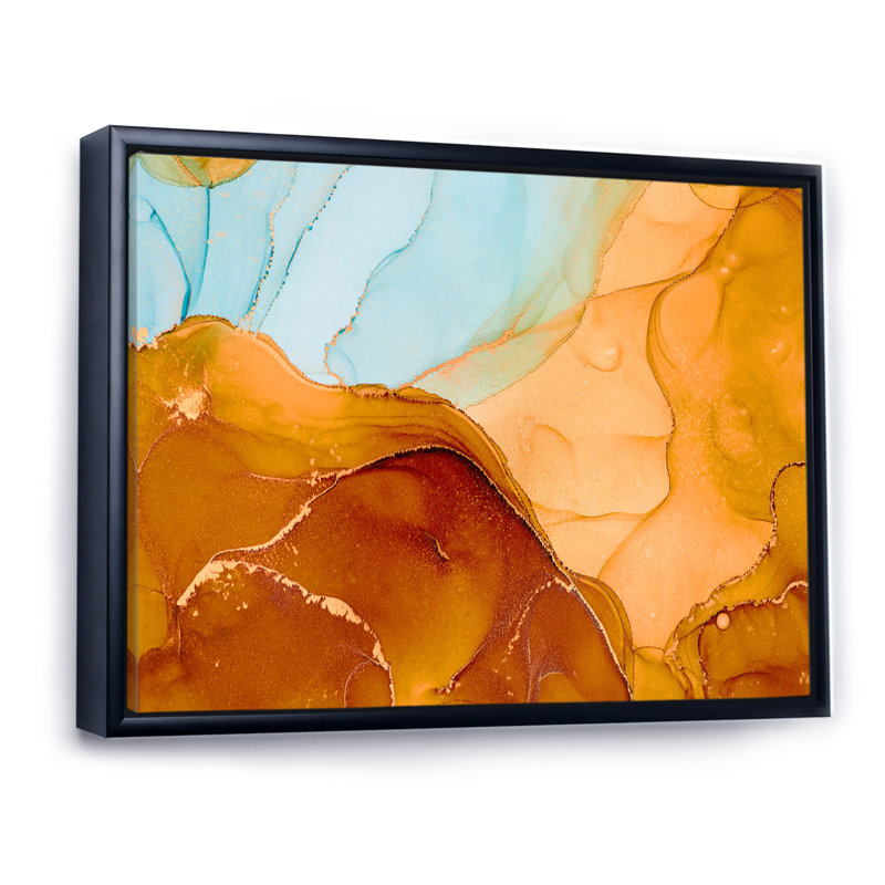 «Blue and Brown Luxury Abstract Fluid VI», peinture sur toile, H 34 po x l 44 po x P 1,5 po, Cadre flottant noir