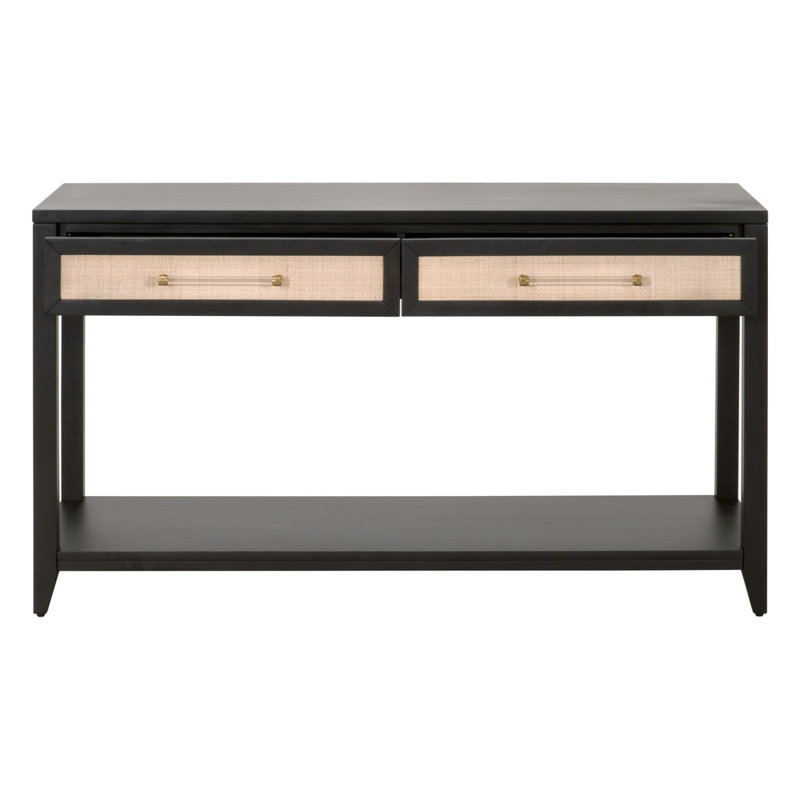 Brushed Black Acacia and Rattan Console Table with Storage
