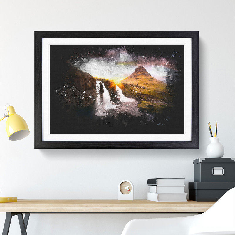 Kirkjufell Waterfalls & Mountain - Picture Frame Graphic Art Print, 60cm H x 91cm W x 2cm D, Black Framed