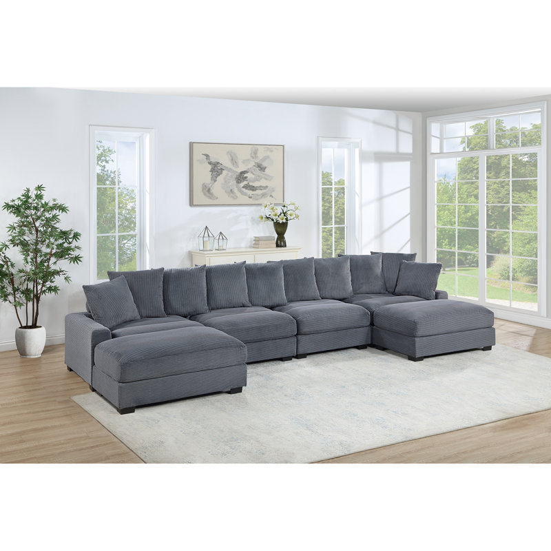Contemporary 6Pc Modular Sectional Set Corduroy Couch LAF & RAF Chairs 2X Armless Chairs 2X Ottomans Living Room Furniture