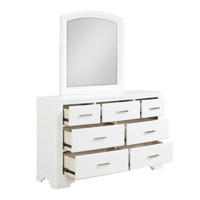 Ensemble de miroir de commode moderne moderne à finition blanche avec 7 tiroirs et glissières lisses, Blanc