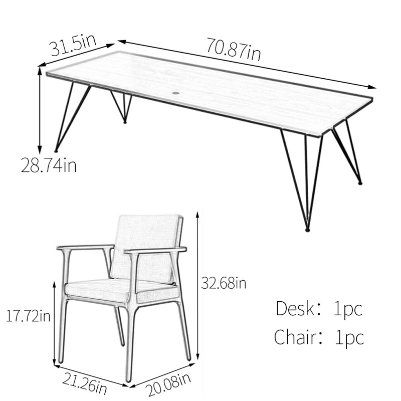 Structure géométrique en acier au carbone et bureau en bois massif, H 28,74 po x l 70,87 po x P 31,5 po