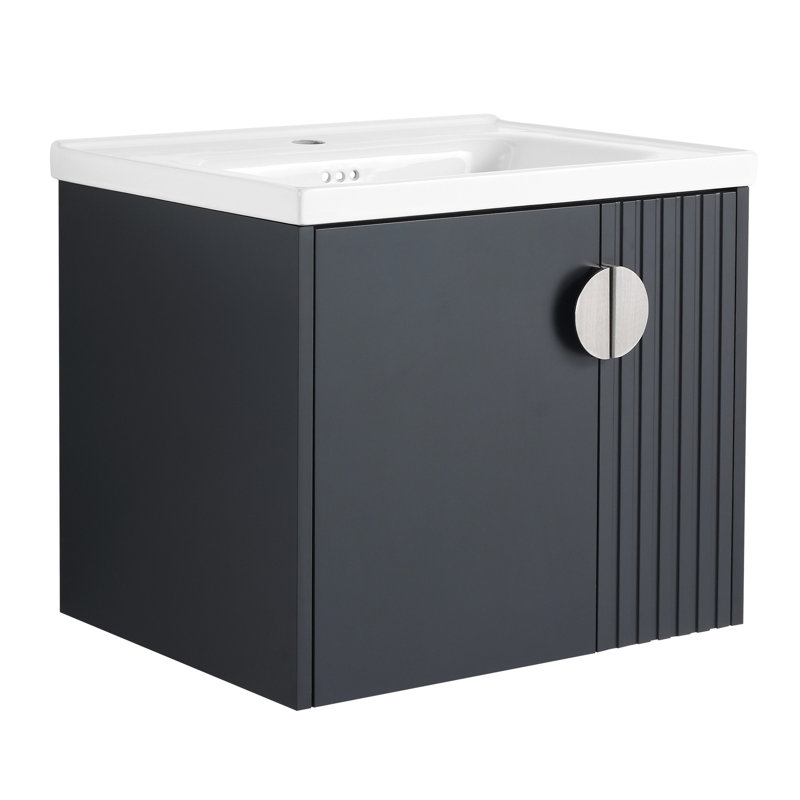 Meuble-lavabo mural noir 24 po avec lavabo, pour espaces compacts, portes à fermeture douce et poignées en métal
