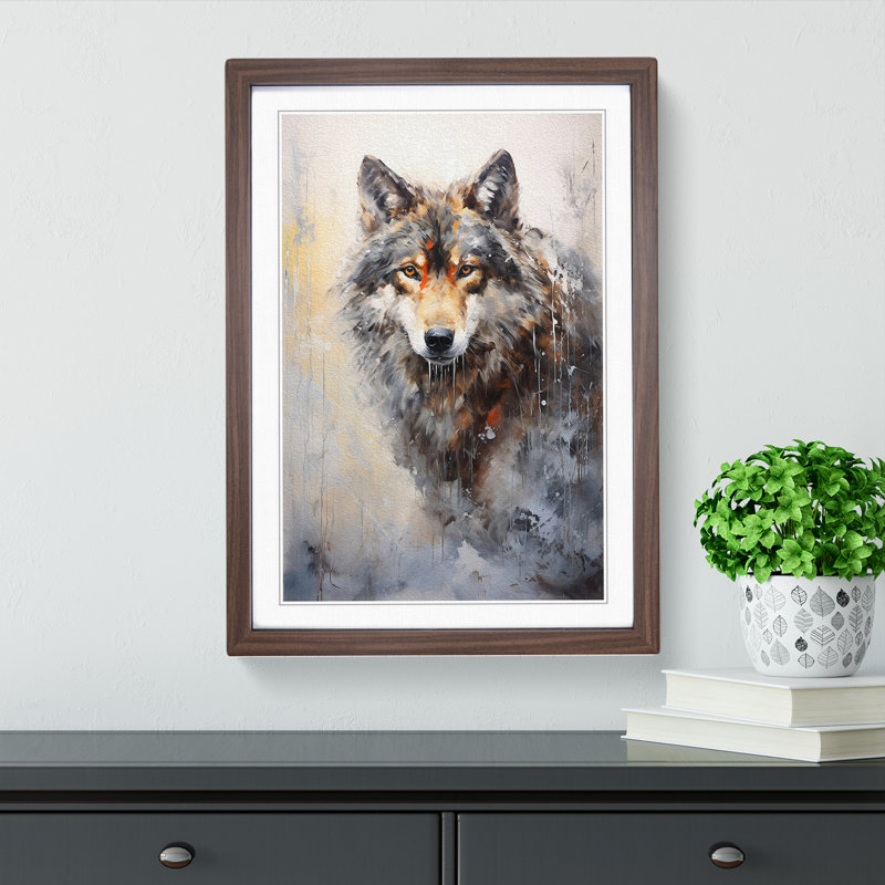 Wolf Gestural - Single Picture Frame Print on Wood, Walnut, 64cm H x 46cm W x 2cm D