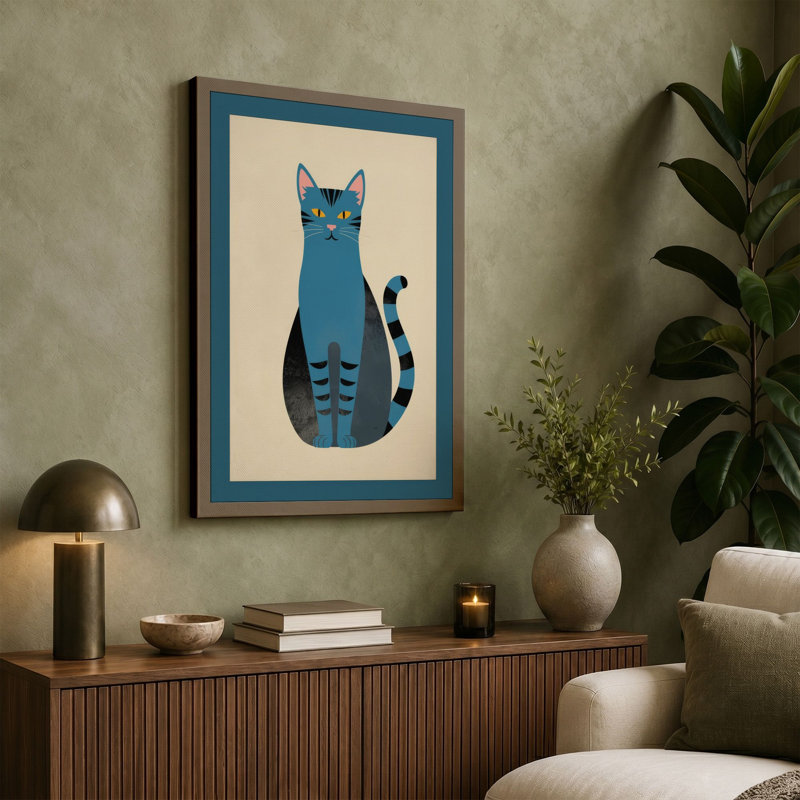 Geometric Blue Cat Mid-Century - Wrapped Canvas, 24x16 - 61.0 x 40.6 cm, Teal Border