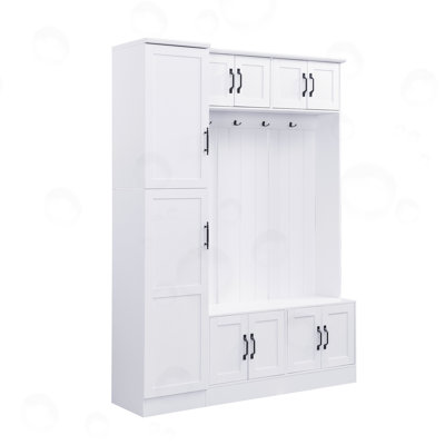 Hall Tree with 6 Cabinets, 4 Coat Hooks and Adjustable Shelf