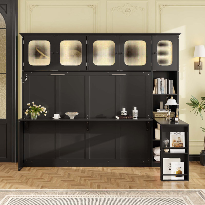 Full Murphy Bed with Desk and Rattan Cabinets, Space-Saving Wall Bed, Black