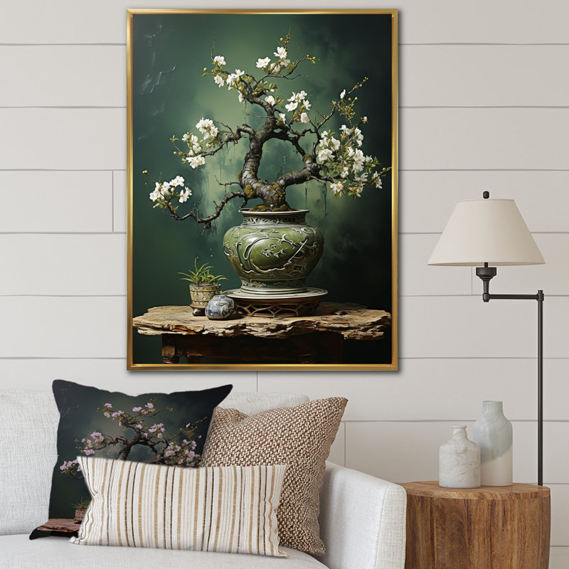 Ancienne figurine de bonsaï antique III - arbre, bonsaï, art mural, Cadre flottant doré, H 44 po x l 34 po x P 1,5 po