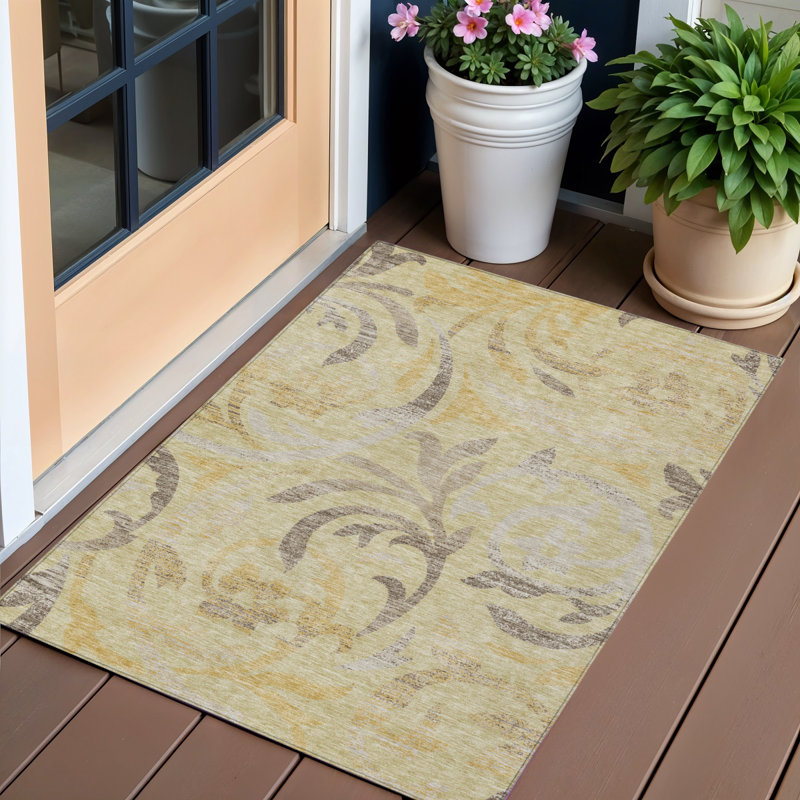 Tapis intérieur lavable floral beige doré 3 pi x 5 pi