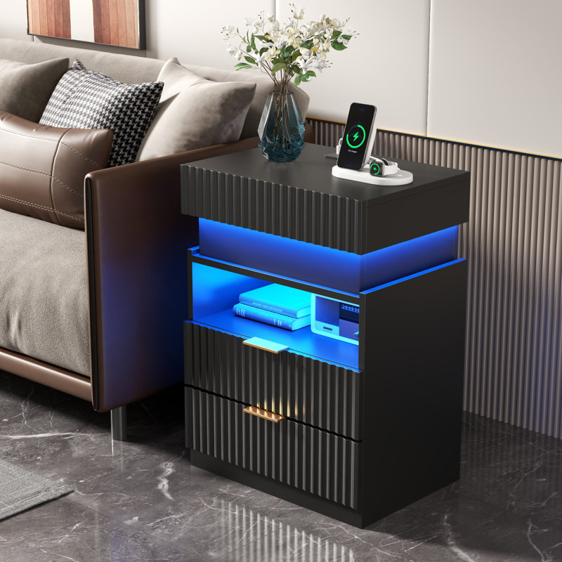 Table de chevet avec station de charge et lumières DEL, table de chevet cannelée à 2 tiroirs et tablette ouverte, table de chevet moderne avec compartiment caché pour la chambre à coucher, table de bout pour le salon