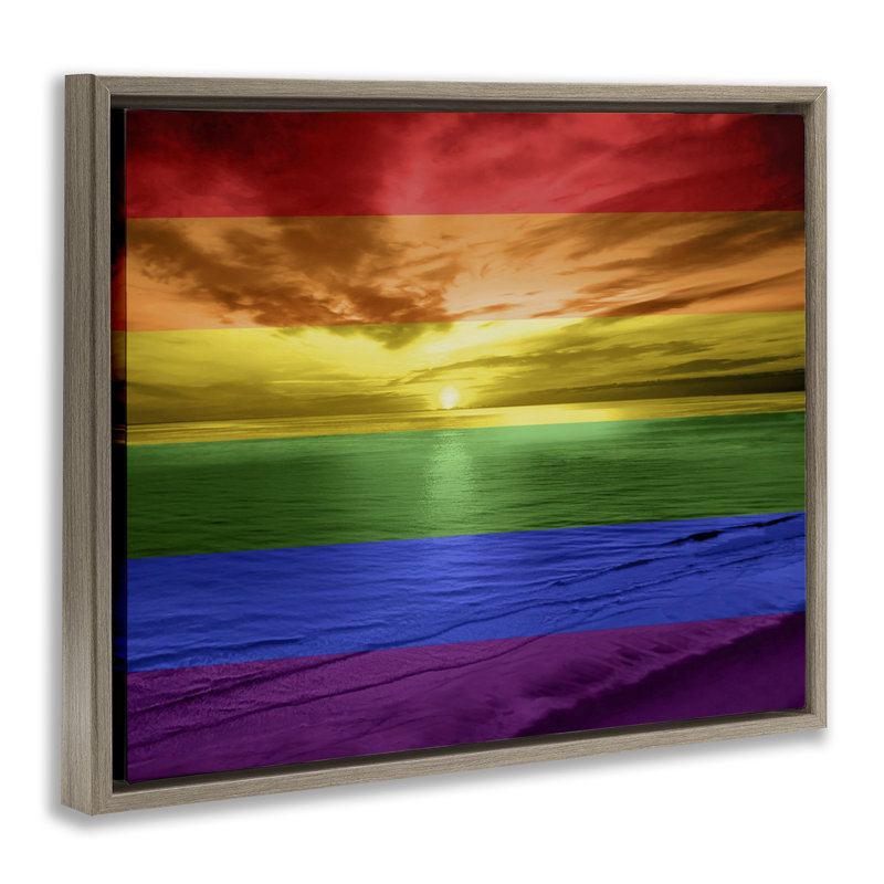 "Rainbow Sunset Beach", art mural encadré par Maggie Olsen, Cadre flottant orme Montalcino, H 25 po x l 31 po