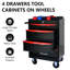 Coffre à outils de 20 po avec 4 tiroirs - Armoire métallique roulante, noir et rouge, acier, boîte en acier universelle, roues, espace pour outils supplémentaires