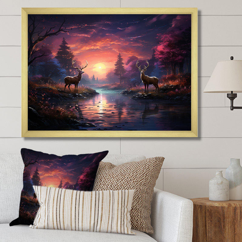«Deer Enchanted Twilight I», reproduction sur toile, Cadre doré à une seule photo, H 16 po x l 32 po x P 1 po