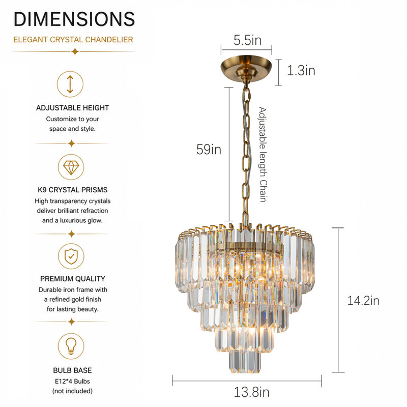 Lustre en cristal moderne en laiton chaud pour la salle à manger et le vestibule, W14" × H14''