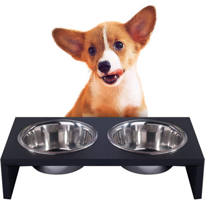 Elevated Pet Feeder Dog Cat Bowls Stainless Steel For Food And Water Wooden Frame