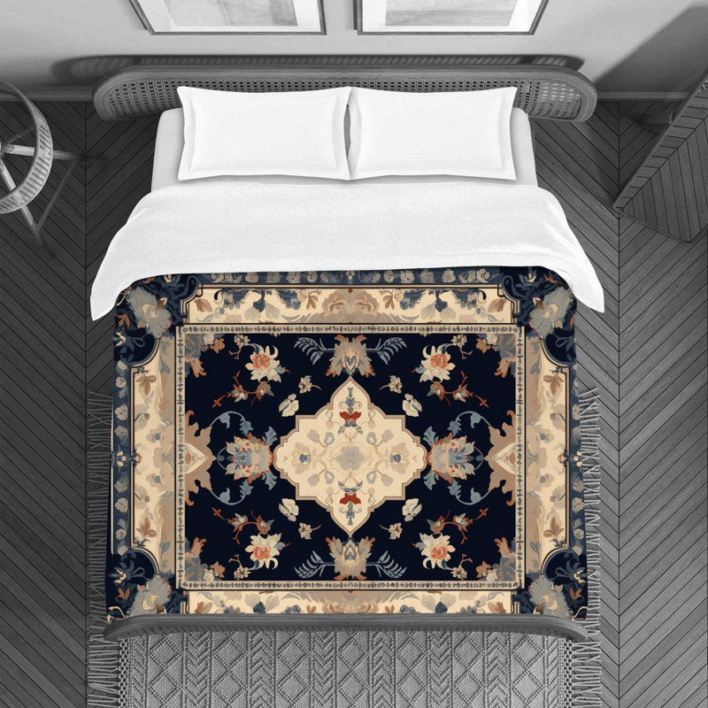Machine Printed Duvet Cover, Twin Duvet Cover, Navy/Beige Oushak