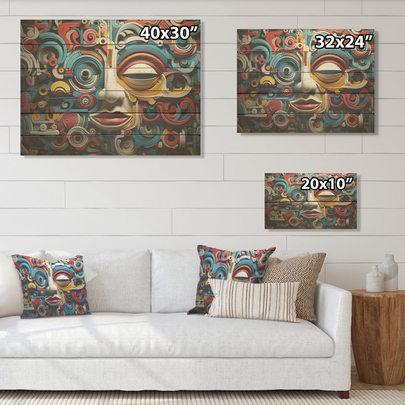 Geometric Mexican Art Mask - Mexican Art Wood Wall Art On Natural Pine Wood, 10" H x 20" W