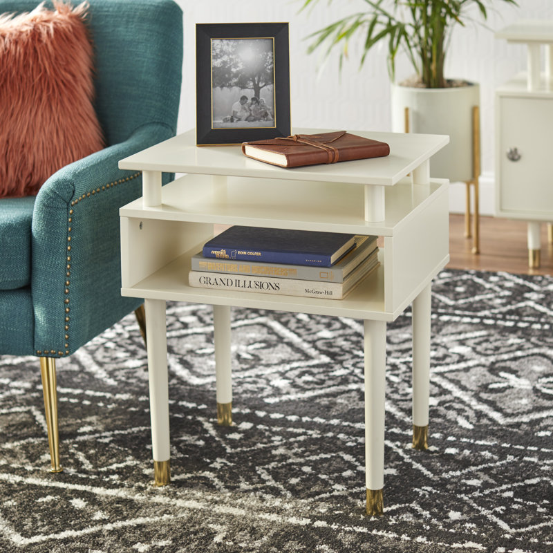 Camylle Solid Wood Leg End Table with Storage, Antique White/Gold