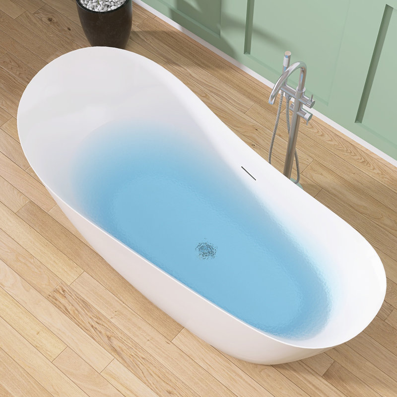 55" W X 28'' D Acrylic Freestanding Oval Bathtub Stand Alone Slipper Bath Tub Soaking Modern Bathroom Tub in White with Non-Slip Design & Integrated Overflow