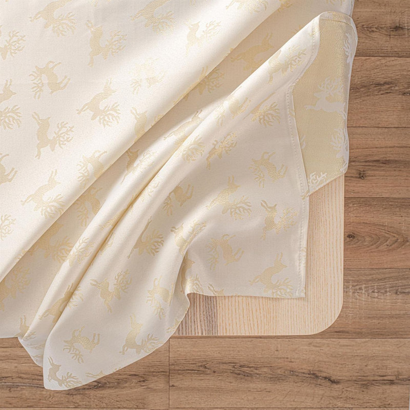 Christmas Deer Embossed Design 70in Tablecloth and 6 Napkins, Cream/Metallic Gold