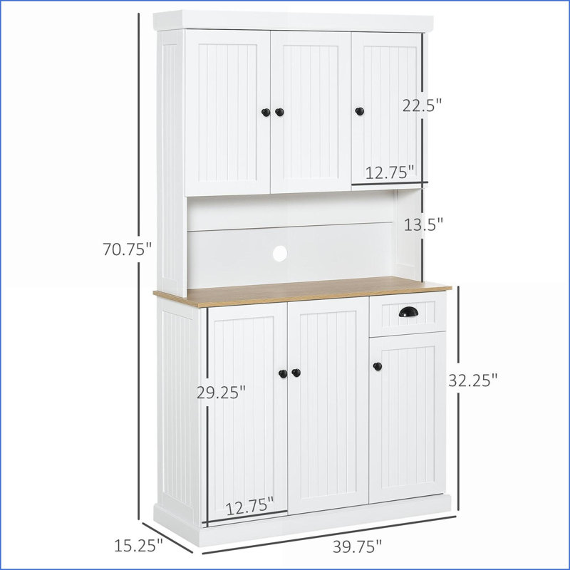 Buffet avec huche, rangement de cuisine blanc moderne 71 po avec comptoir pour micro-ondes, tiroir | Panneau de particules