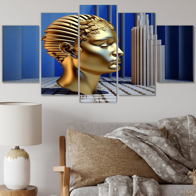 Sculpture Golden Sci-Fi Golden Man - art mural salon - 5 panneaux
