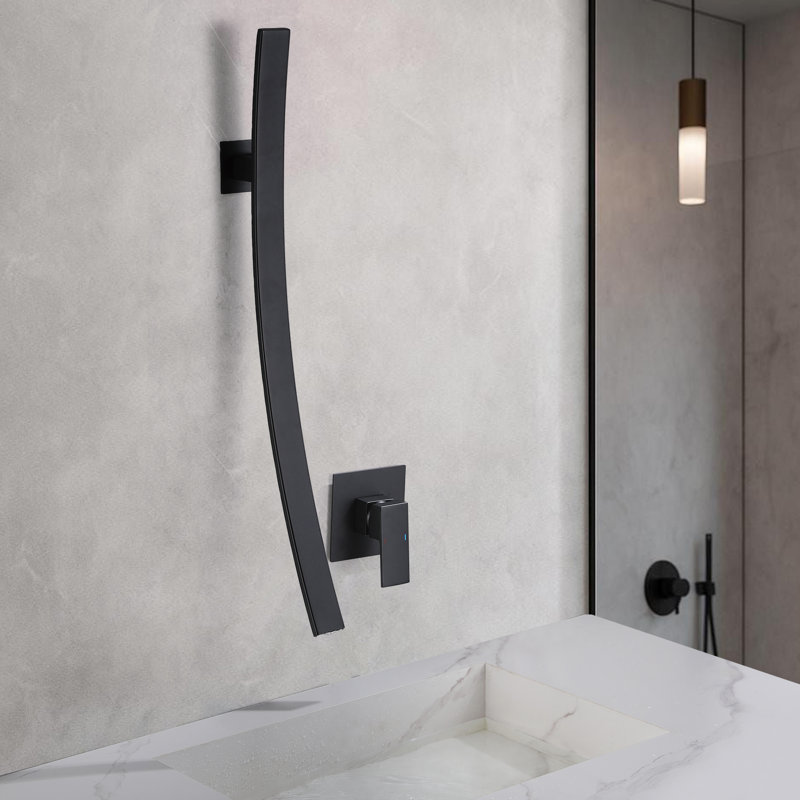 Wall Mounted Waterfall Bathroom Sink Faucet With Single Handle And Optional Drain Assembly, Matte Black, Without Drain