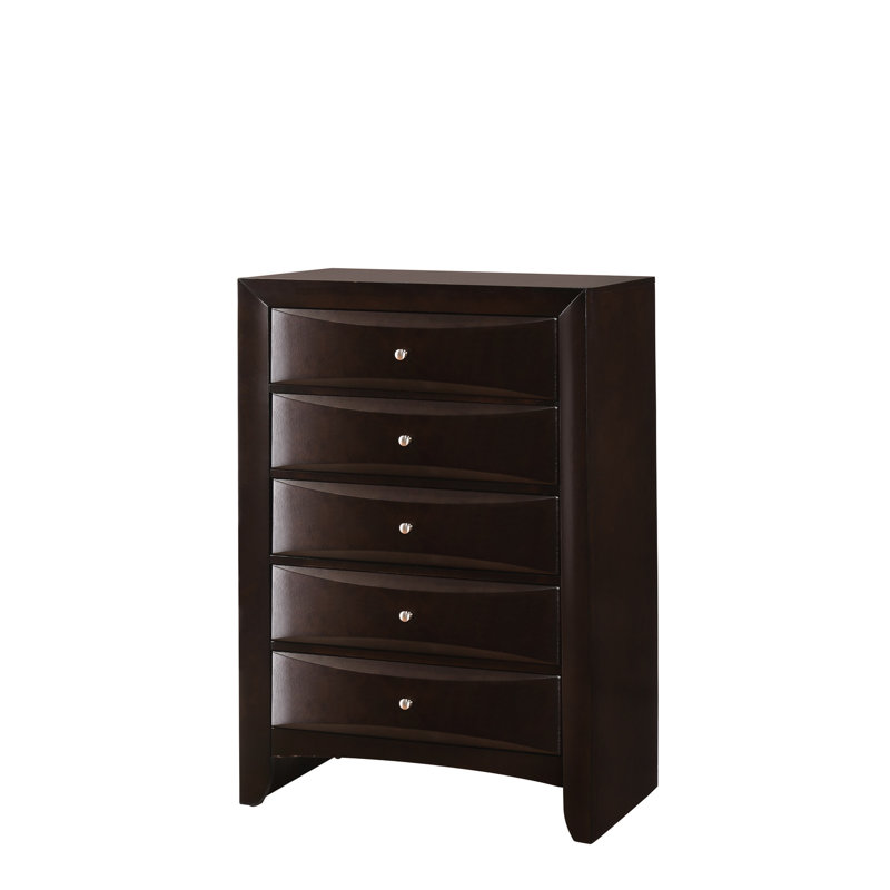 Commode 5 tiroirs à finition brune pour chambre à coucher - en bois massif