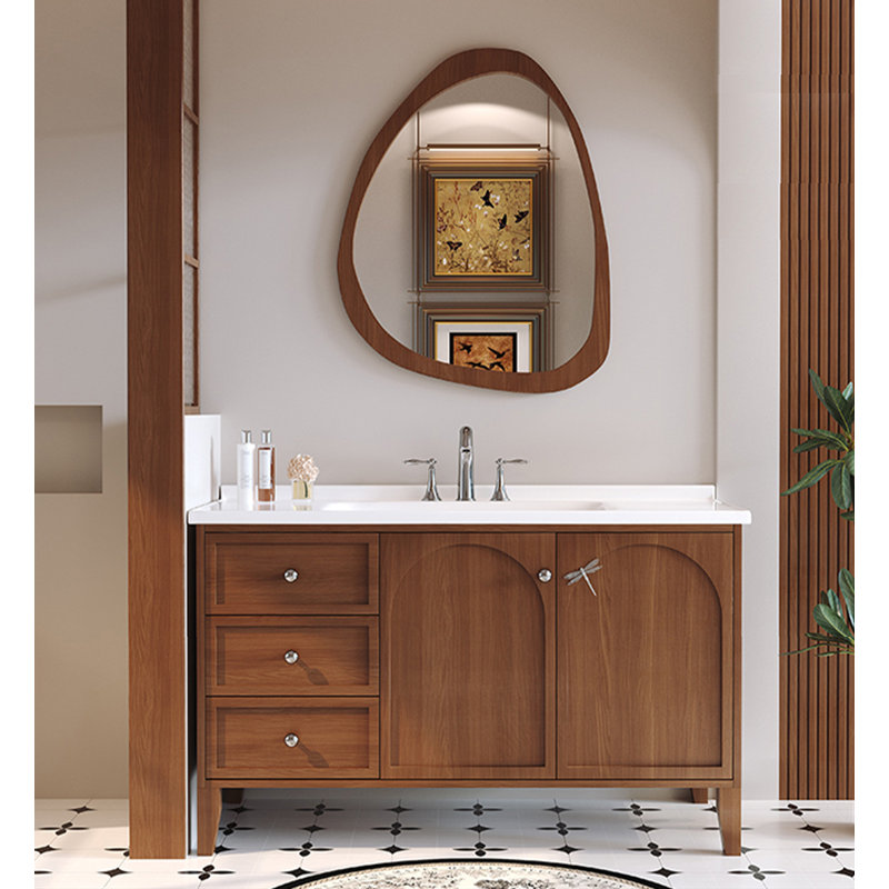 Meuble-lavabo en bois d'hévéa de style Mid-Century avec lavabo en céramique intégré