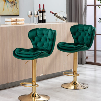 Tabourets de bar en tissu, de 2, avec repose-pieds, base pivotante, hauteur réglable par levage mécanique, pieds dorés, tabourets de 17,9 po de largeur pivotants, siège rembourré en mousse, 34,01 po