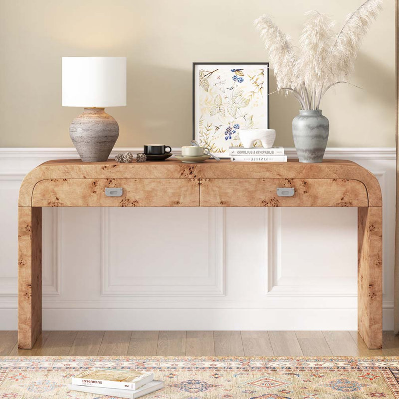 Console rectangulaire avec 2 tiroirs, placage de bois de ronce, Brun