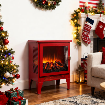 18 - Inch Freestanding Electric Fireplace In Classic Red, 3D Flame Visual, Double Mechanism, 50000 Hours Led, Three Sided View, Small Size, Easy Storage, Golden Door Accent Stove, Red Color, Effect,