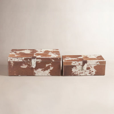 Georgine Natural Leather Hide and Wooden Decorative Box Set